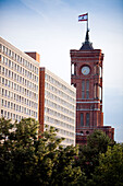 The stunning Rathaus-passagen sits beside the City Hall tower, highlighting Berlin\'s architectural beauty in Mitte.