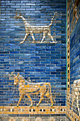 Berlin, Germany, July 24 2009, Explore the detailed bas-relief of a sirrush and auroch from the Ishtar Gate, an ancient Babylonian artifact on display in Berlin.