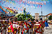 Religious procession finishing at São João Baptista Church during the Festival of Saint John of Sobrado, also known as Bugiada and Mouriscada de Sobrado, takes place in the form of a fight between Moors and Christians , locally known as Mourisqueiros and Bugios, Sao Joao de Sobrado, Portugal