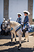 Religious procession enters São João Baptista Church during the Festival of Saint John of Sobrado, also known as Bugiada and Mouriscada de Sobrado, takes place in the form of a fight between Moors and Christians , locally known as Mourisqueiros and Bugios, Sao Joao de Sobrado, Portugal