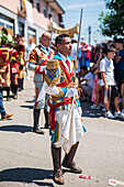 Religious procession finishing at São João Baptista Church during the Festival of Saint John of Sobrado, also known as Bugiada and Mouriscada de Sobrado, takes place in the form of a fight between Moors and Christians , locally known as Mourisqueiros and Bugios, Sao Joao de Sobrado, Portugal