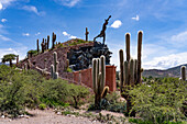 Monument to the Heros of lndependence in Humahuaca in the Humahuaca Valley or Quebrada de Humahuaca, Argentina. The single statue on the monument depicts an indigenous man.