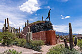 Monument to the Heros of lndependence in Humahuaca in the Humahuaca Valley or Quebrada de Humahuaca, Argentina. The single statue on the monument depicts an indigenous man.