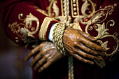 Seville, Spain, March 4 2008, The intricately carved hands of Nuestro Padre Jesús ante Anás are tied, reflecting tradition during Sevilles Semana Santa celebration.