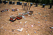 Rests of used fireworks during The Festival of Saint John of Sobrado, also known as Bugiada and Mouriscada de Sobrado, takes place in the form of a fight between Moors and Christians , locally known as Mourisqueiros and Bugios, Sao Joao de Sobrado, Portugal