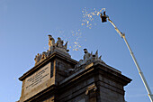 Traditional fire department exhibition at La Paloma feasts in Madrid.