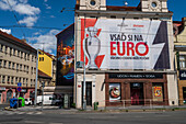 Euro2024 soccer cup banner on building, Prague