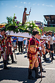 Religious procession finishing at São João Baptista Church during the Festival of Saint John of Sobrado, also known as Bugiada and Mouriscada de Sobrado, takes place in the form of a fight between Moors and Christians , locally known as Mourisqueiros and Bugios, Sao Joao de Sobrado, Portugal