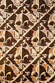 Decorative fleur de lis motifs adorn a whitewashed wall in the historic town of Carmona, reflecting Mediterranean architectural style.