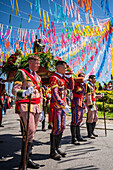 Religious procession finishing at São João Baptista Church during the Festival of Saint John of Sobrado, also known as Bugiada and Mouriscada de Sobrado, takes place in the form of a fight between Moors and Christians , locally known as Mourisqueiros and Bugios, Sao Joao de Sobrado, Portugal