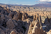 Route 40, an unpaved dirt road through the eroded landscape of the Angastaco Natural Monument in the Calchaqui Valley, Argentina.