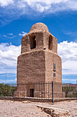 Adobe bell tower of the Santa Barbara church, built in 1600 in Humahuaca in the Quebrada de Humahuaca, Argentina.