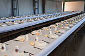 Empty tables ready at the traditional lunch of The Festival of Saint John of Sobrado, also known as Bugiada and Mouriscada de Sobrado, takes place in the form of a fight between Moors and Christians , locally known as Mourisqueiros and Bugios, Sao Joao de Sobrado, Portugal