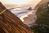 Young woman walking on the beach in front of Finca Barlovento at sunset, Tayrona National Park, Colombia