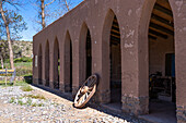 An old fwagon wheel in in front of the Tienda de Campo in Payogasta, Argentina.