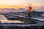 Windmill and salt pans Ettore and Infersa, Marsala, Trapani, Sicily, Italy, Mediterranean, Europe