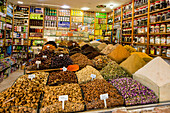 Spices and dry goods in the shops along narrow cobblestone streets of Kasbah in Bab Al Fahs, old Medina, Tangier, Morocco, North Africa, Africa