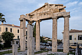 View of the Gate of Athena Archegetis, on the west side of the Roman Agora, built in 11 BCE, featuring an architrave on four Doric columns of Pentelic marble, Athens, Greece, Europe