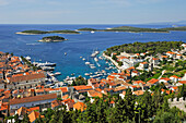 View over Hvar city from the fortress with Hell's Islands (Pakleni) in the background, Hvar island, Croatia, Southeast Europe