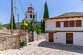 View of clock tower of Greek Orthodox Church, Theologos, Thassos, Aegean Sea, Greek Islands, Greece, Europe