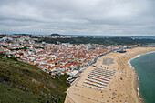 View over the town of Nazare and its wide beach, Oeste, Portugal, Europe