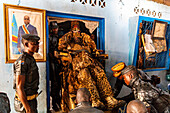 Spiritual leader dressed in leopard skin in the Church of Black People in Mbandaka, Equateur province, Democratic Republic of Congo, Africa