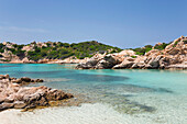 View from shore across the calm turquoise waters of Cala Napoletana, Caprera Island, La Maddalena Archipelago National Park, Sassari, Sardinia, Italy, Mediterranean, Europe