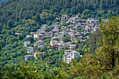 View of woodland and village of Panagia nestled in the hillside, Makriammos, Thassos, Aegean Sea, Greek Islands, Greece, Europe