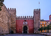 Entrance to the Alcazar of Seville at the Puerta del Leon (Gate of the Lion), the main access point through the outer wall, UNESCO World Heritage Site, Seville, Andalusia, Spain, Europe