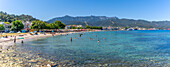 View of beach and sea in Thassos Town, Thassos, Aegean Sea, Greek Islands, Greece, Europe