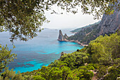 Blick auf Pedra Longa vom bewaldeten Hang, Nationalpark Golf von Orosei, Santa Maria Navarrese, Baunei, Nuoro, Sardinien, Italien, Mittelmeer, Europa