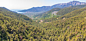 View of woodland and Chrysi Ammoudia in background, Thassos, Aegean Sea, Greek Islands, Greece, Europe