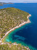 View of woodland and coastline near Chrysi Ammoudia, Thassos, Aegean Sea, Greek Islands, Greece, Europe