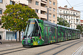 The tramway designed by Deborah-Lois Sery and Cecile Van Der Hagen, students at Esadse and winners of the STAS contest Un tramway named design 2019, Saint-Etienne, Loire department, Auvergne-Rhone-Alpes region, France, Europe