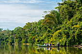 Tourists on excursion over Lake Sandoval against green trees, Tambopata National Reserve, Puerto Maldonado, Madre de Dios, Peru, South America