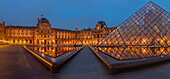 Pyramide at Louvre Museum at dusk, Paris, Ile de France, France, Europe