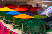 Close-up of colorful powdered pigments used as natural textile dye, Pisac market, Pisac, Sacred Valley, Urubamba Province, Cusco (Cuzco) Region, Peru, South America