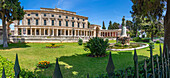 View of Corfu Museum of Asian Art and Statue of Sir Frederick Adam in Anaktoron Square, Corfu Old Town, UNESCO World Heritage Site, Corfu, The Ionian Islands, Greek Islands, Greece, Europe