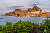 View of Old Fortress of Corfu during golden hour, UNESCO World Heritage Site, Corfu Town, Corfu, Ionian Sea, Greek Islands, Greece, Europe