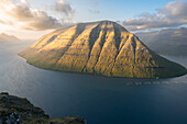 Mountain landscape with golden light at sunset, Faroe Islands, Denmark, Atlantic, Europe