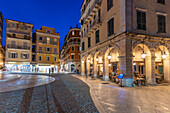 View of Pentophanaro (5 Lamps) in Place Theotoki at dusk, Corfu Town, Corfu, Ionian Sea, Greek Islands, Greece, Europe