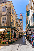 View of shops and Holy Church of Saint Spyridon, Corfu Old Town, UNESCO World Heritage Site, Corfu, The Ionian Islands, Greek Islands, Greece, Europe