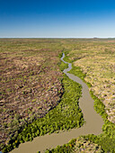 A view of the Mitchell River meandering towards Swift Bay as seen from a commercial helicopter, Kimberley, Western Australia, Australia, Pacific