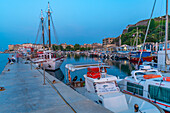 View of boats in the Old Port Marina at dusk, Corfu, Ionian Sea, Greek Islands, Greece, Europe