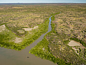 A view of the Mitchell River meandering towards Swift Bay as seen from a commercial helicopter, Kimberley, Western Australia, Australia, Pacific