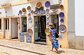 Ceramic Shop with tourist, Tavira, Algarve, Portugal, Iberian Peninsula, South Western Europe