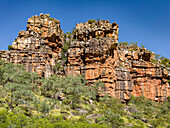 Towering red rock formations in the Warton Sandstone, King George River, Kimberley, Western Australia, Australia, Pacific