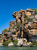 Towering red rock formations in the Warton Sandstone, King George River, Kimberley, Western Australia, Australia, Pacific