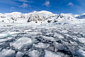 Blick auf die ruhige See und die sich spiegelnden Berge rund um die Paradise Bay auf der Westseite der Antarktischen Halbinsel, Polargebiete