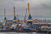 A view of the industrial and militarized Russian seaport city of Murmansk on the northern shore of the Kola Peninsula, Murmansk Oblast, Russia, Arctic, Europe